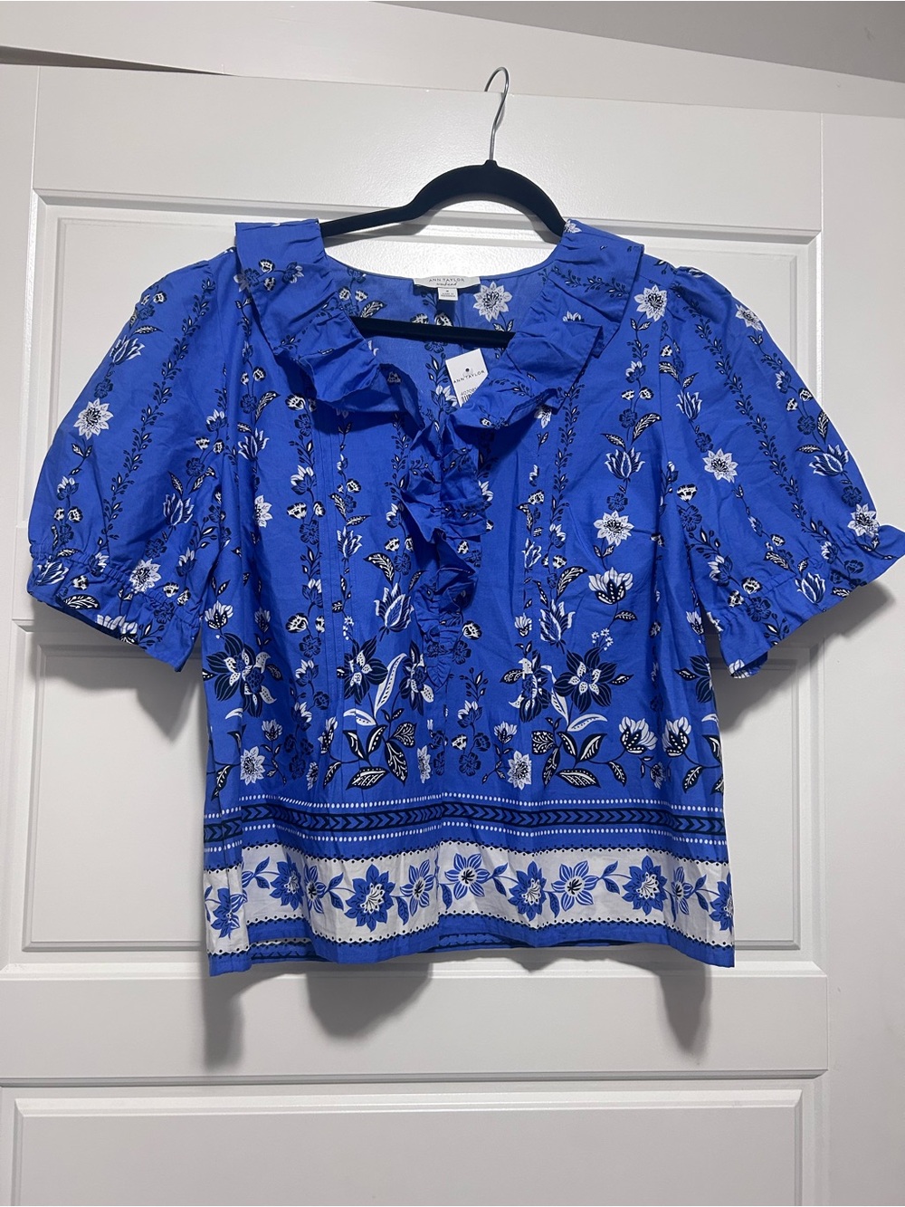 Ann Taylor Blue Floral Ruffle-Front Blouse